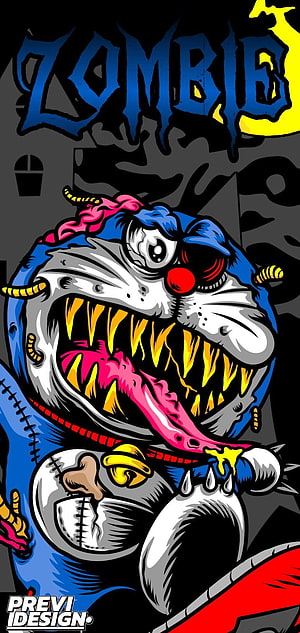 Doraemon Zombie Horror Illustration with Sharp Teeth and Creepy Style HD phone wallpaper