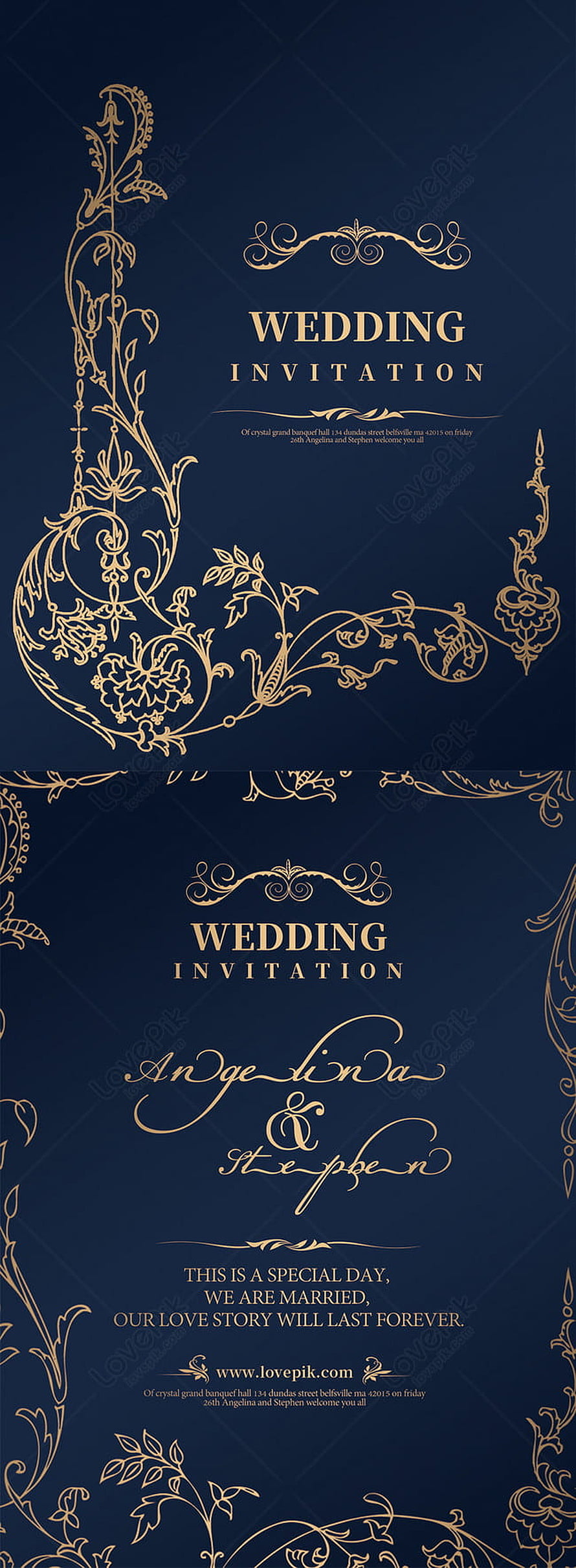Elegant Dark Blue Wedding Invitation Card with Gold Floral Ornament Design HD phone wallpaper