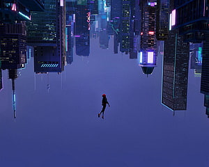 Miles Morales Falling Through a Neon-Lit Cyberpunk Cityscape in Spider-Verse Style HD wallpaper