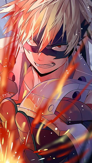 Bakugo Katsuki Anime Character With Fiery Explosion And Intense Expression HD phone wallpaper