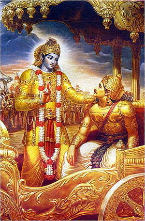 Krishna and Arjuna on the Chariot: A Classic Bhagavad Gita Illustration HD phone wallpaper