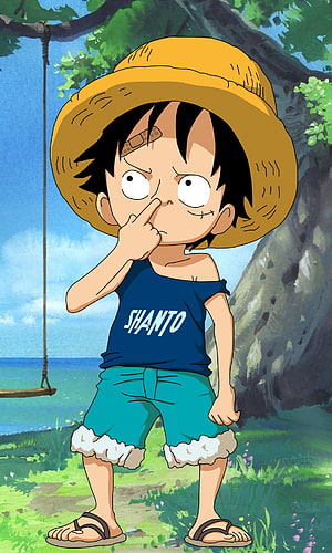 Young Monkey D. Luffy in Straw Hat and Blue Shirt Under a Tree HD phone wallpaper