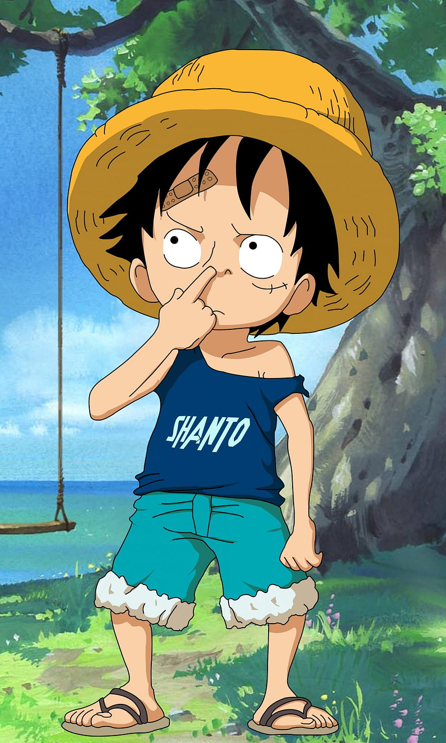 Young Monkey D. Luffy in Straw Hat and Blue Shirt Under a Tree HD phone wallpaper