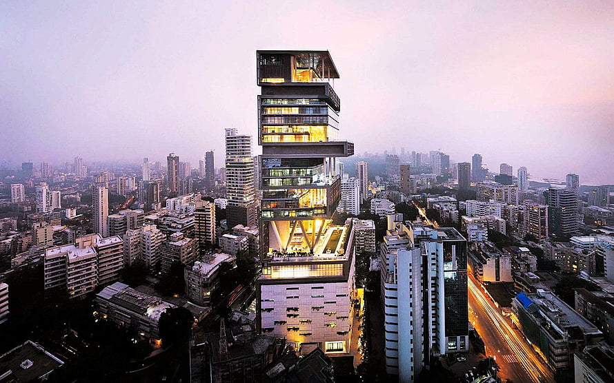 Antilia Residence Mumbai Skyline at Dusk with Illuminated Facade and City Lights HD wallpaper