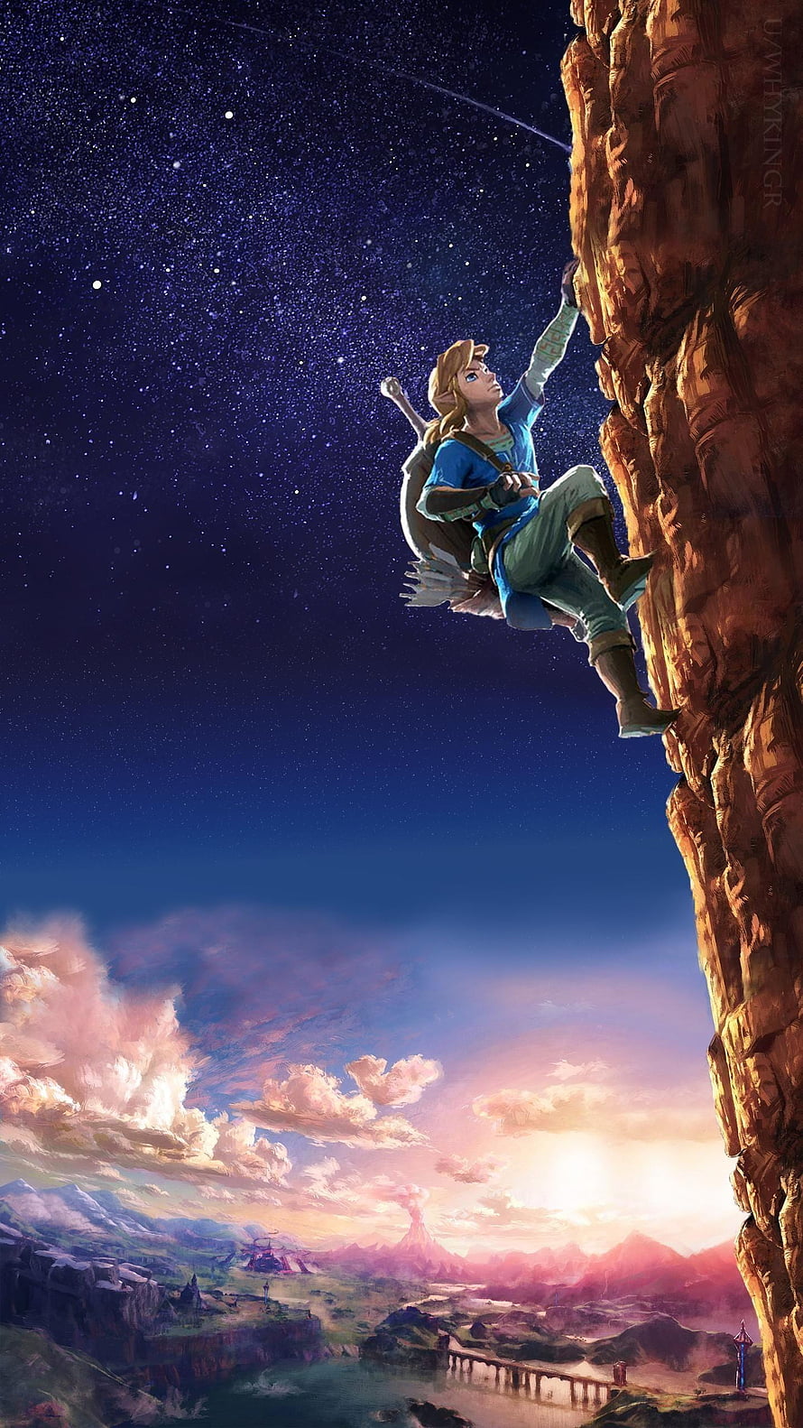 Link climbing a cliff in The Legend of Zelda Breath of the Wild under a starry night sky HD phone wallpaper