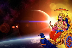 Lord Shani Dev Seated on Ornate Throne with Blue Crow Against Cosmic Planet Background HD wallpaper