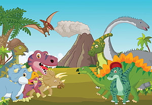 Colorful Cartoon Dinosaur Herd in Prehistoric Landscape with Volcano and Pterodactyl HD wallpaper