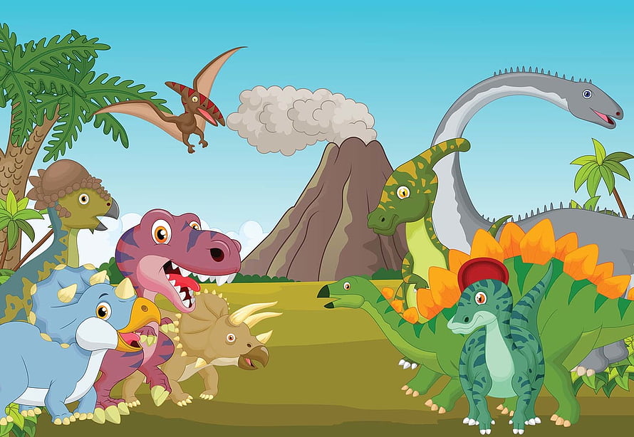 Colorful Cartoon Dinosaur Herd in Prehistoric Landscape with Volcano and Pterodactyl HD wallpaper