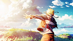 Naruto Uzumaki in Sage Mode Reaching Forward in a Sunny Grassland HD wallpaper