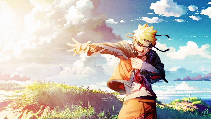 Naruto Uzumaki in Sage Mode Reaching Forward in a Sunny Grassland HD wallpaper