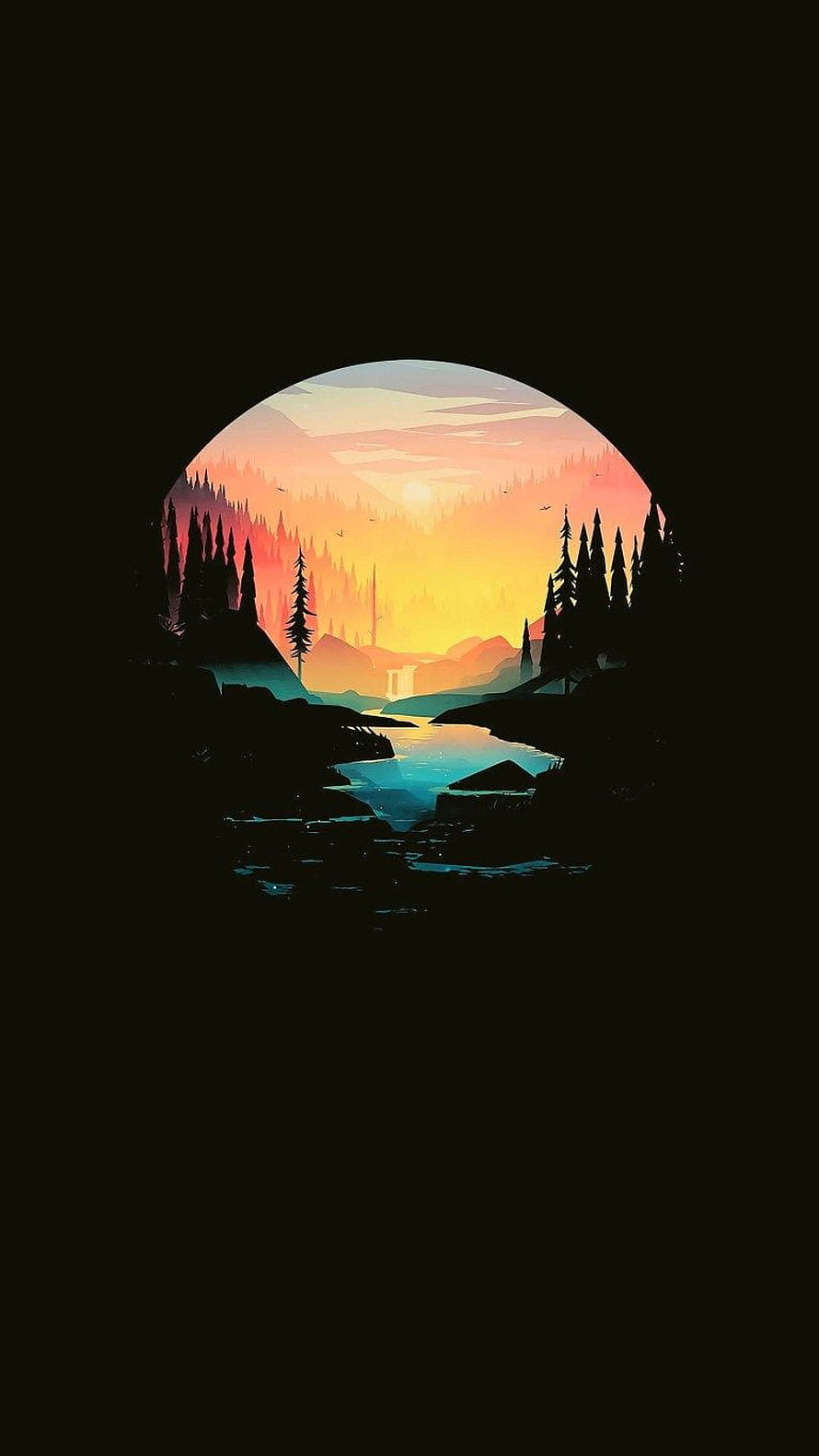 Minimalist Forest Sunset Landscape with River and Pine Trees in Circular Frame HD phone wallpaper
