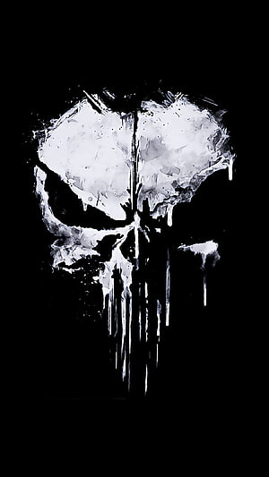Punisher Skull Logo in Grunge White Paint Style on Black Background HD phone wallpaper