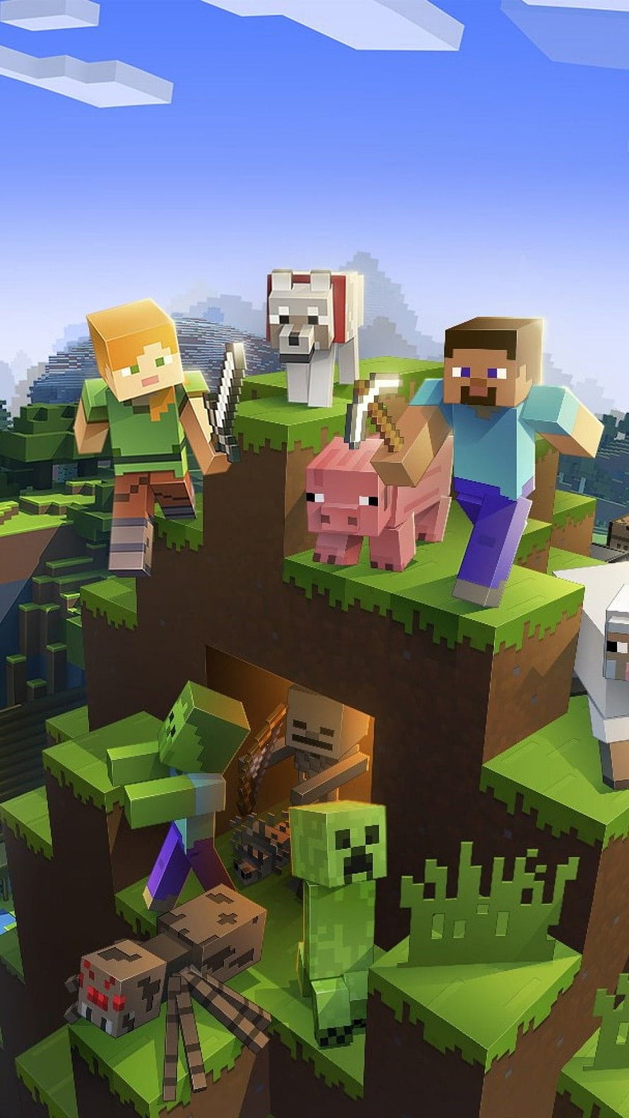 Minecraft Steve and Alex with Villager, Zombies, and Animals on Floating Grass Blocks HD phone wallpaper