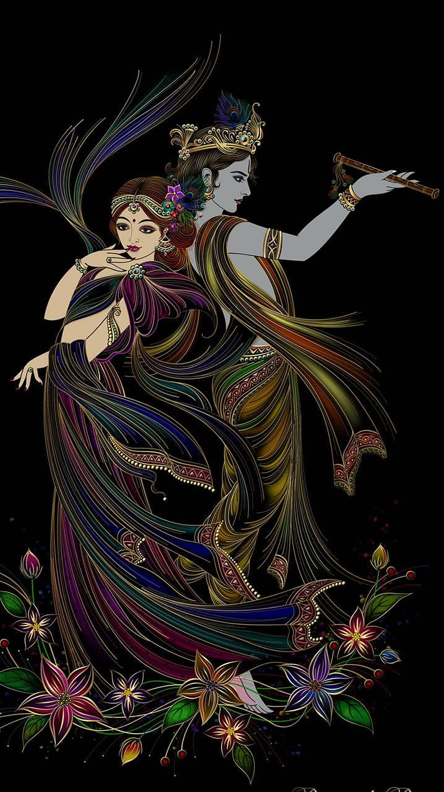 Radhe Krishna Indian Mythology Artwork with Flute and Floral Elements HD phone wallpaper