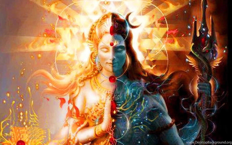 Lord Shiva and Parvati Divine Duality Artwork with Cosmic Energy and Sacred Symbols HD wallpaper