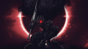 Dark Berserk Knight Crouching with Sword Against Red Eclipse HD wallpaper