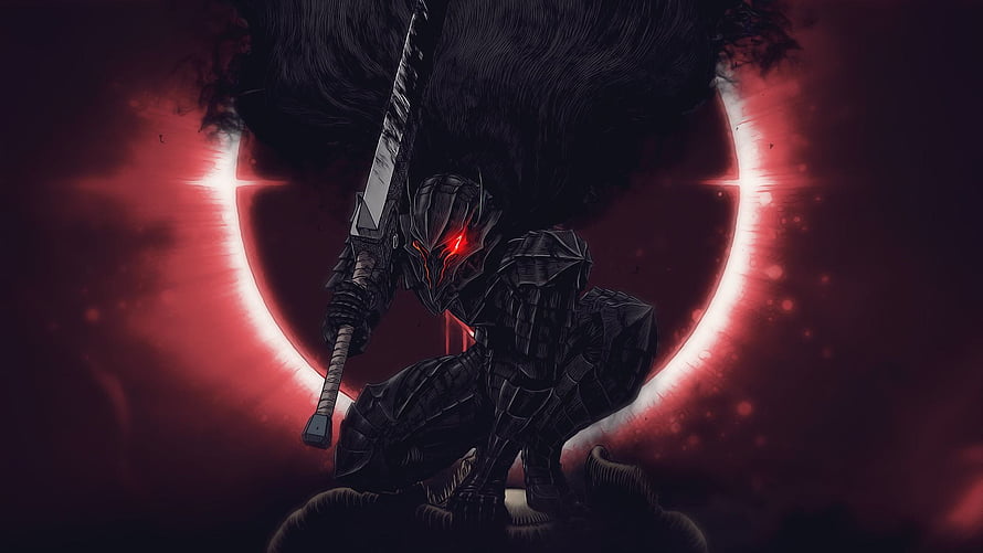 Dark Berserk Knight Crouching with Sword Against Red Eclipse HD wallpaper