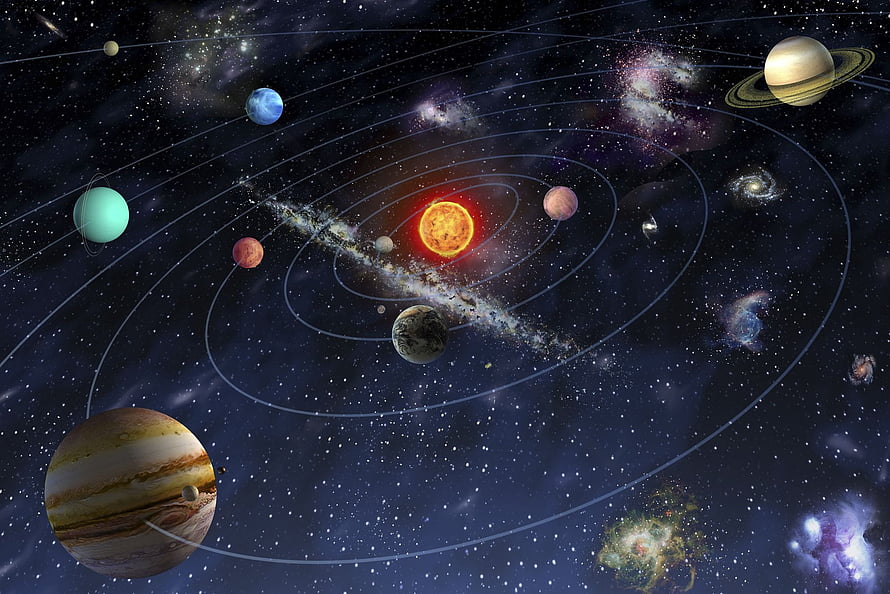 Solar System Planets Orbiting a Glowing Star in Deep Space with Galaxies and Nebulae HD wallpaper