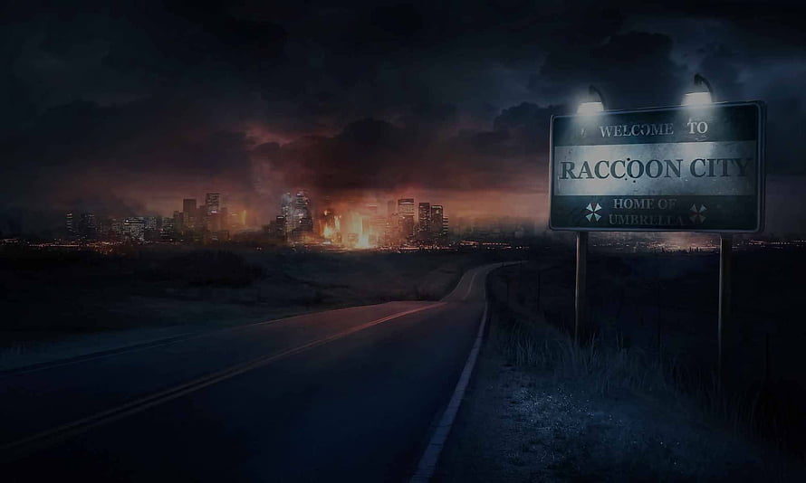 Resident Evil Operation Raccoon City Night Highway Scene with Distant Fire and Road Sign HD wallpaper