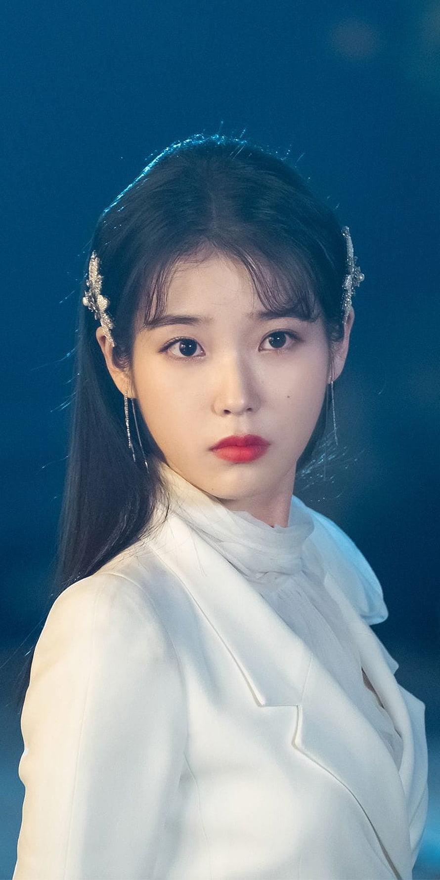 IU in Elegant White Blazer with Hair Accessories and Red Lipstick Portrait HD phone wallpaper