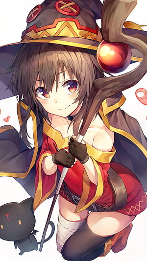Megumin from Konosuba in a red and gold witch outfit holding a staff with a small black cat companion HD phone wallpaper