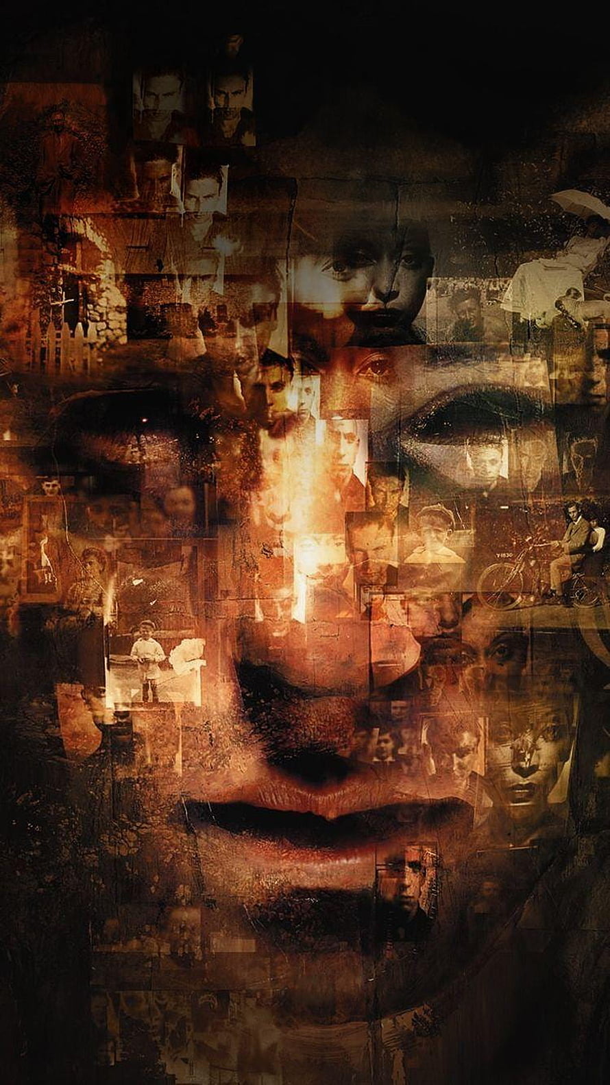 Surreal Collage Portrait of a Man with Layered Vintage Photographs and Sepia Tones HD phone wallpaper