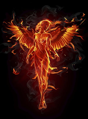 Fiery Phoenix Woman with Glowing Wings and Smoke on Black Background HD phone wallpaper