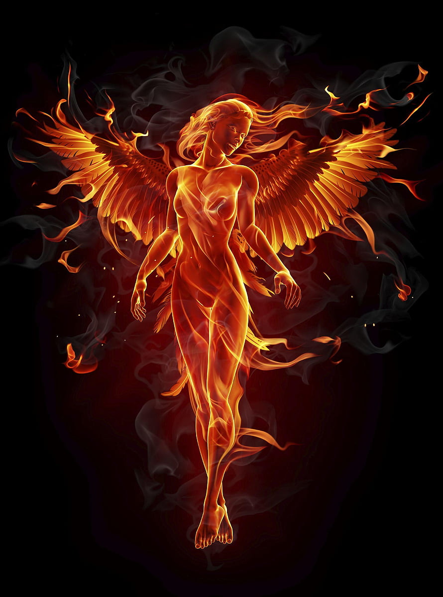 Fiery Phoenix Woman with Glowing Wings and Smoke on Black Background HD phone wallpaper