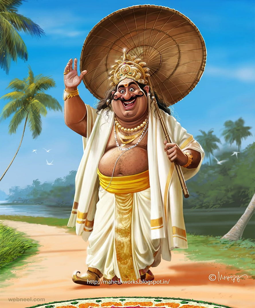 Maveli Character Illustration for Onam Festival Greeting Card with Tropical Background HD phone wallpaper
