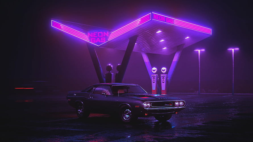 Black Dodge Challenger Parked at Neon Gas Station Under Purple Night Sky HD wallpaper