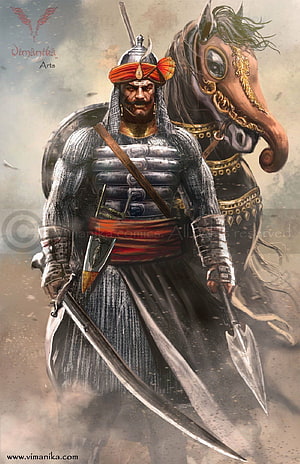 Maharana Pratap on Horseback: Mughal Warrior in Full Armor with Sword and Lance HD phone wallpaper