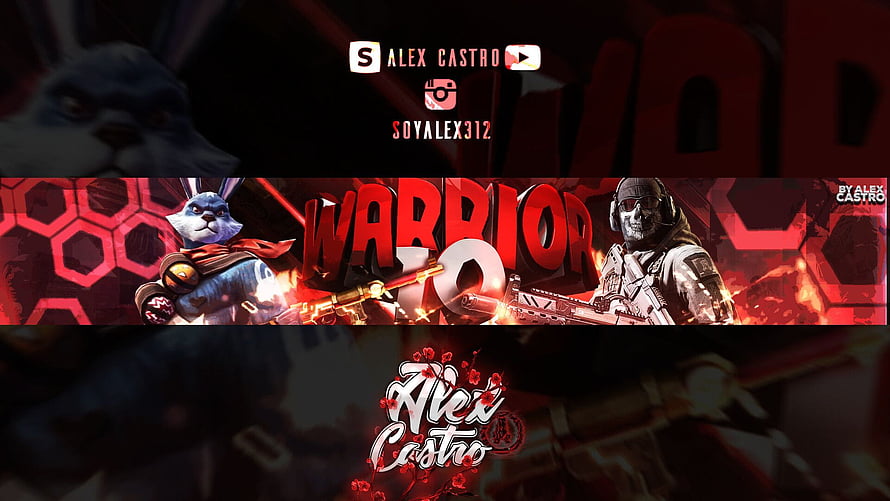 Warrior 10 YouTube Banner with Rabbit and Soldier Characters in Red Fire Theme HD wallpaper