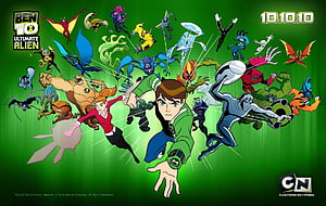 Ben 10 Ultimate Alien Character Lineup with Gwen and All Aliens on Green Background HD wallpaper