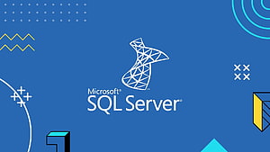 Microsoft SQL Server Logo on Blue Background with Geometric Shapes and Abstract Patterns HD wallpaper