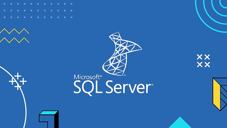 Microsoft SQL Server Logo on Blue Background with Geometric Shapes and Abstract Patterns HD wallpaper