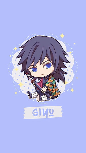 Chibi Giyu Tomioka from Demon Slayer Sitting with Katana on Pastel Blue Background HD phone wallpaper