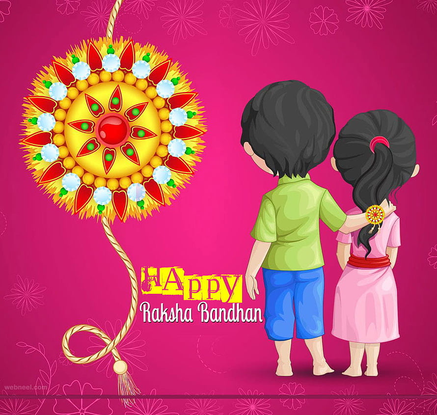 Raksha Bandhan Greeting Card with Siblings and Decorative Rakhi on Pink Background HD wallpaper