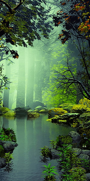 Misty Forest Stream with Mossy Rocks and Lush Green Foliage in Digital Art Style HD phone wallpaper