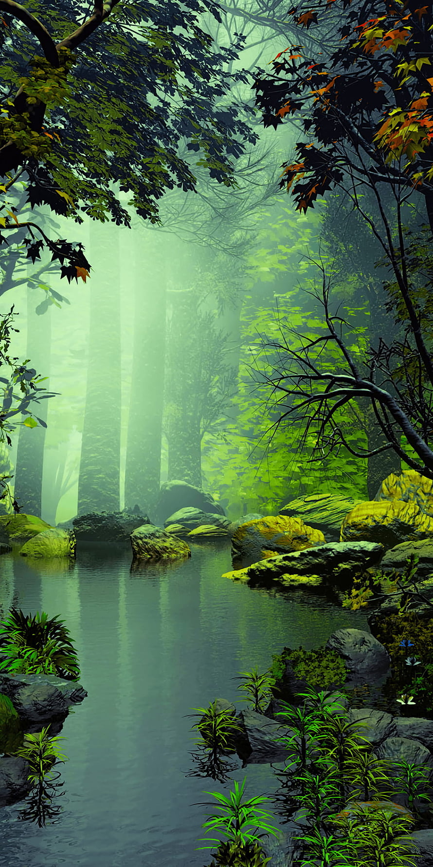 Misty Forest Stream with Mossy Rocks and Lush Green Foliage in Digital Art Style HD phone wallpaper