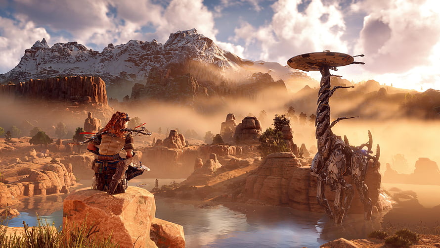 Horizon Zero Dawn Aloy overlooking misty desert canyon with ancient machine at golden hour HD wallpaper