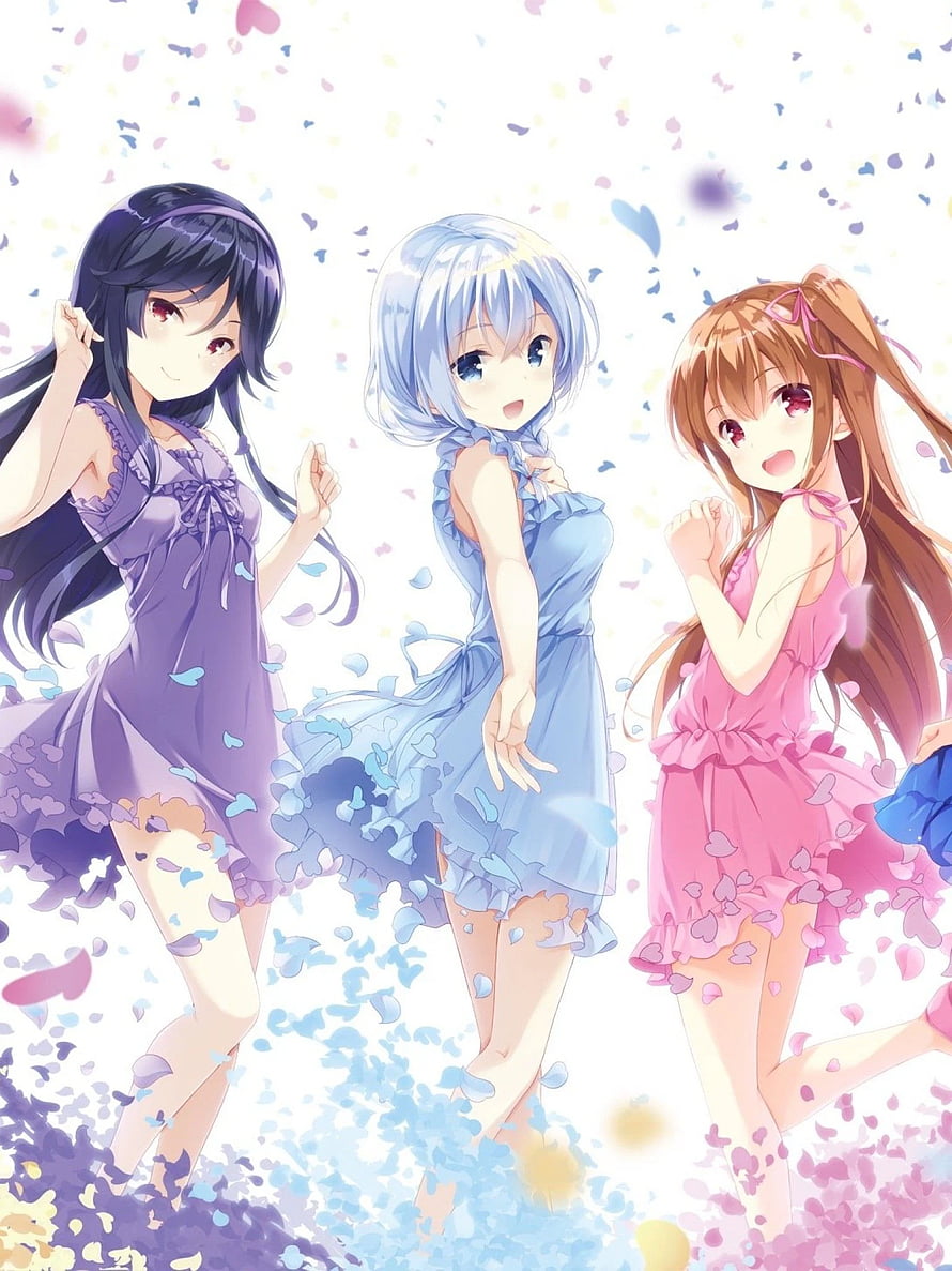 Three Anime Girls in Pastel Dresses with Floating Petals HD phone wallpaper
