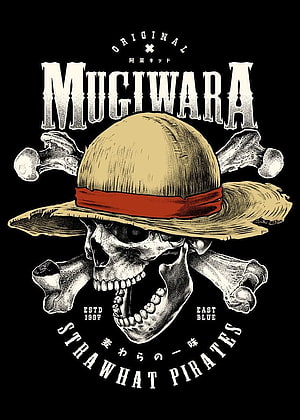 Mugiwara Skull and Crossbones Jolly Roger with Straw Hat on Black Background HD phone wallpaper