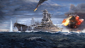Yamato Battleship Firing Main Guns in Naval Combat HD wallpaper