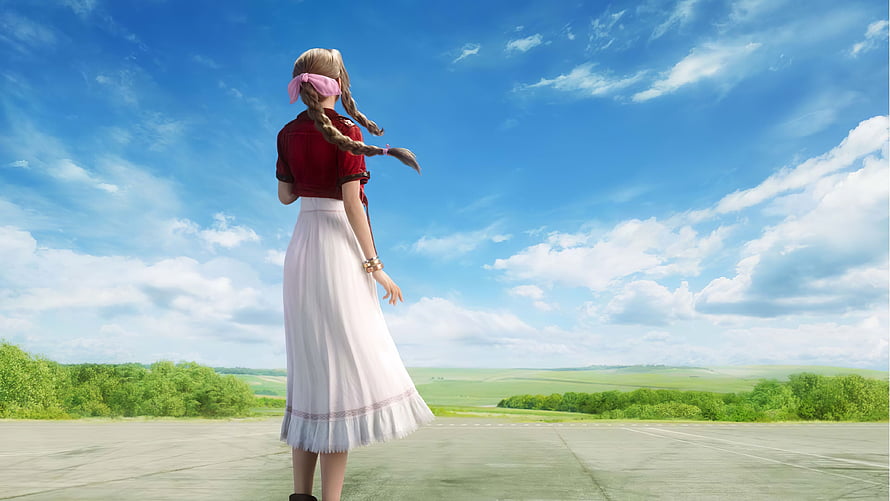 Aerith Gainsborough from Final Fantasy VII Remake Standing in a Sunny Meadow HD wallpaper