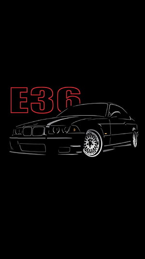 Minimalist BMW M3 E36 Coupe Line Art with Neon Red Typography on Black Background HD phone wallpaper