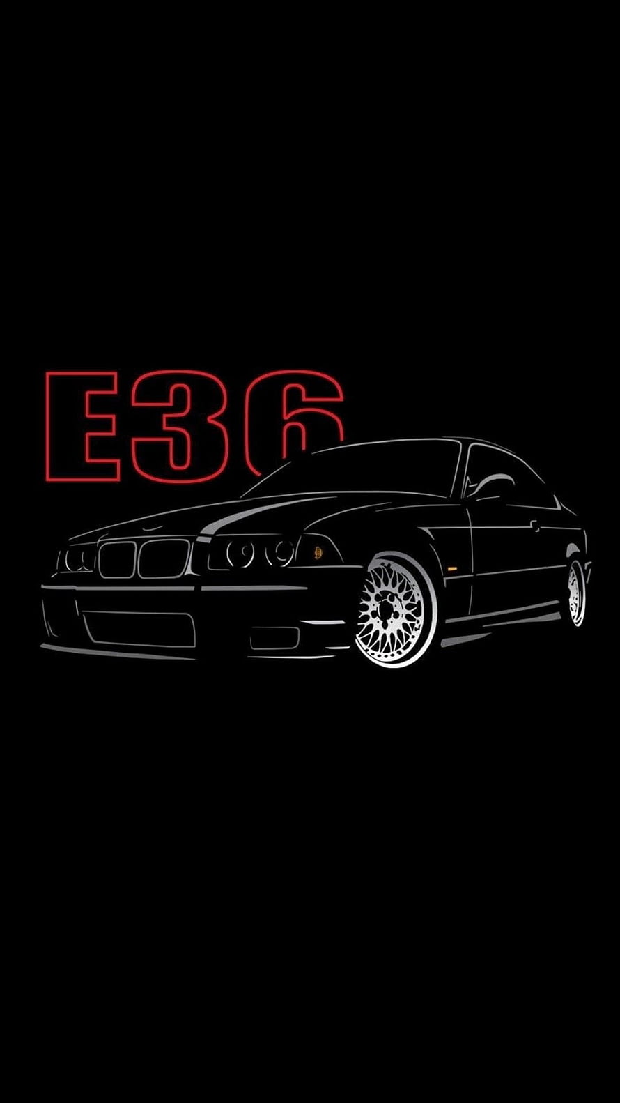 Minimalist BMW M3 E36 Coupe Line Art with Neon Red Typography on Black Background HD phone wallpaper
