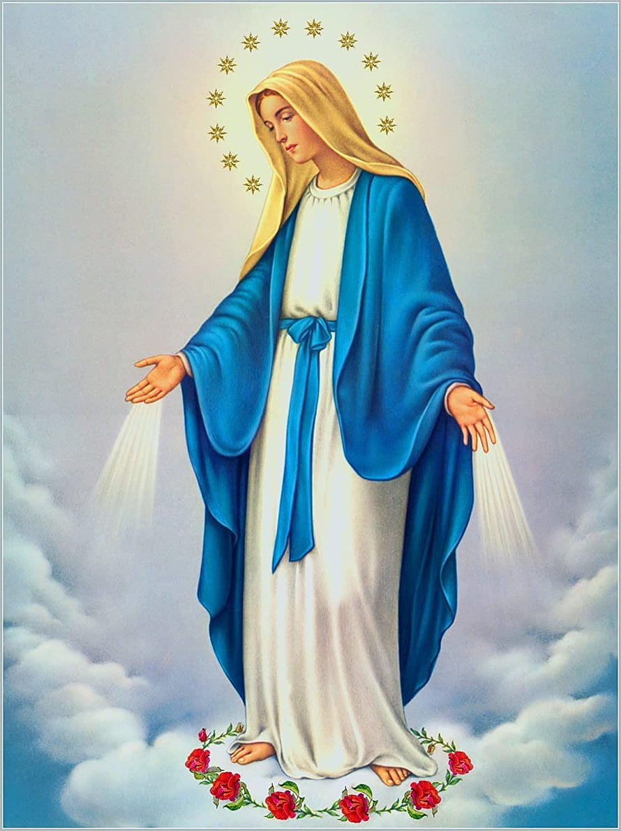 Immaculate Conception Virgin Mary Religious Artwork with Halo of Stars and Roses HD phone wallpaper