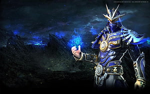 Mu Online Warrior in Blue Armor Channeling Magic in Dark Fantasy Landscape HD wallpaper
