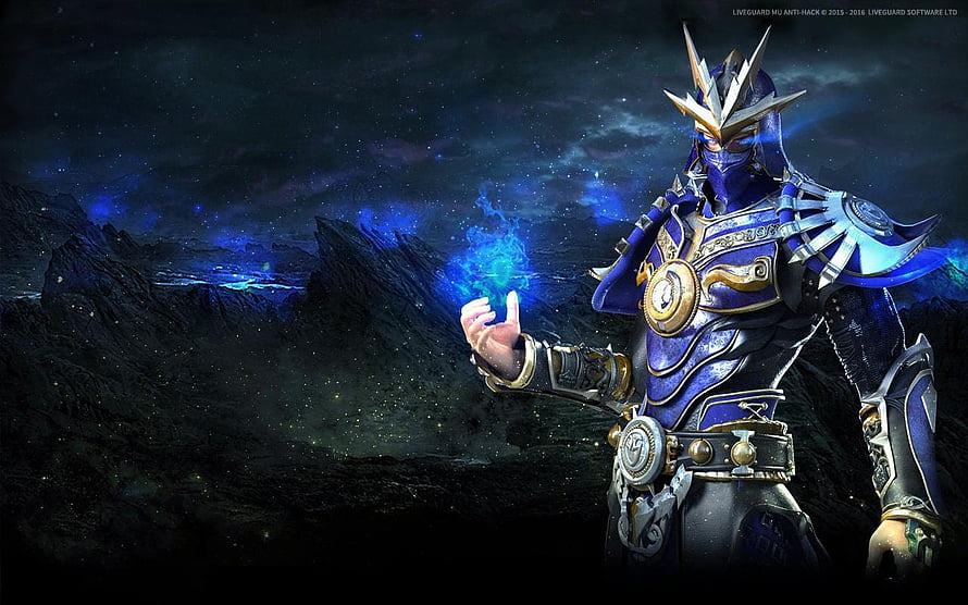 Mu Online Warrior in Blue Armor Channeling Magic in Dark Fantasy Landscape HD wallpaper
