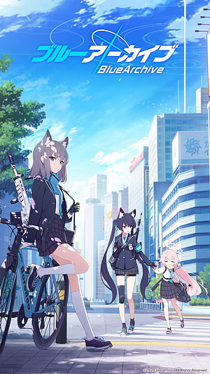 Blue Archive Anime Characters in School Uniforms on a Sunny City Street with Bicycles and Weapons HD phone wallpaper